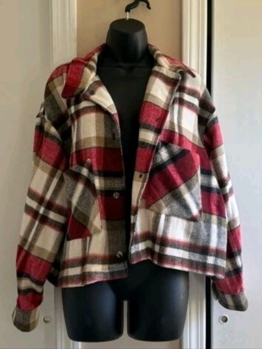 Oversized Boxy Cropped Shacket Snap Closure Plaid Large Indie Sleaze Grunge